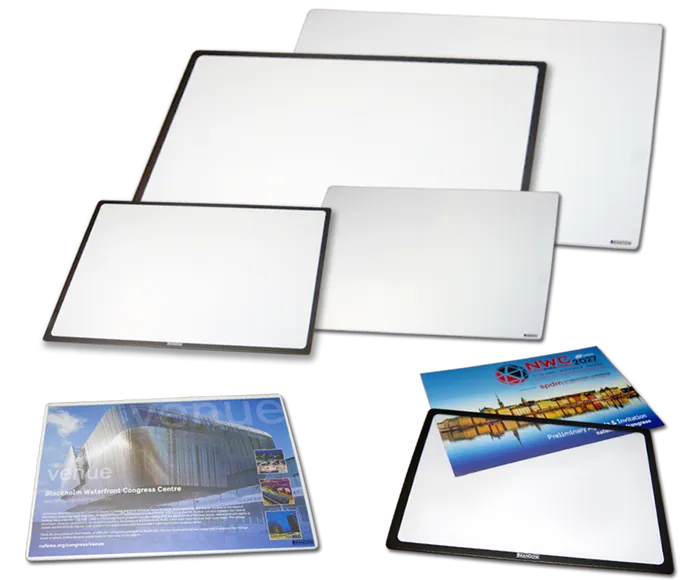 Brandow counter display mats holding interchangeable printed inserts