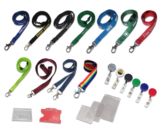 Stock plain and pre-printed lanyards with ID accessories