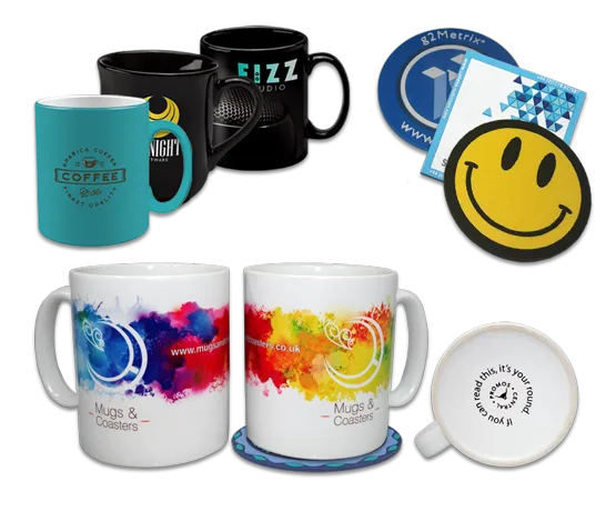 Custom printed mugs, drinkware and promotional coasters