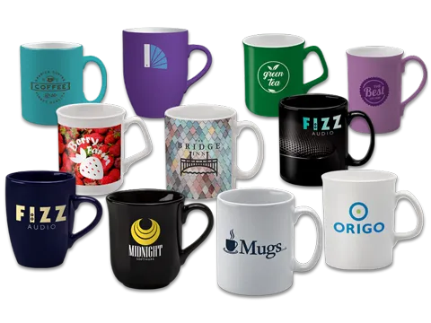 Selection of custom printed promotional mugs and coasters