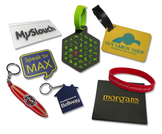 Custom rubber keyrings, coasters, luggage tags and promotional labels