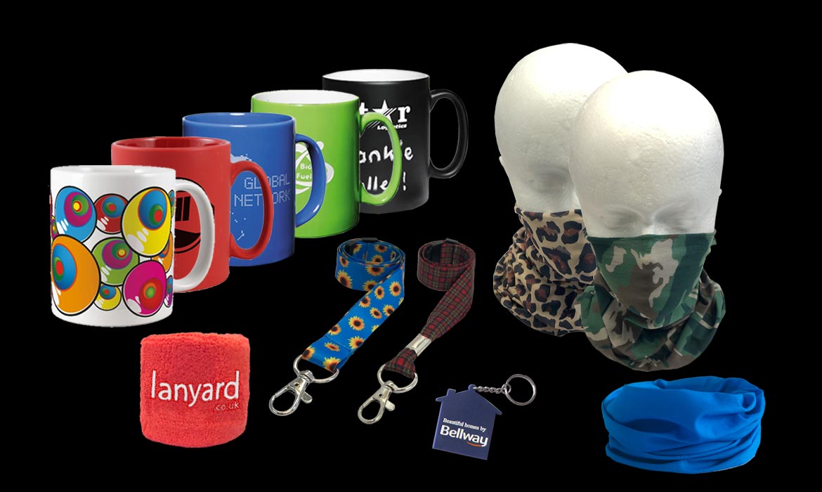 Compostite image showing a range of branded products including: 5 custom branded mugs, sunflower lanyard and tartan lanyard, wrist sweatband, keyring and 3 neck tube bandanas
