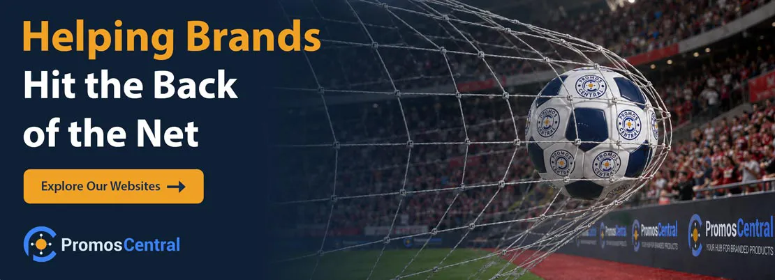 Promos Central Range of  Promotional Products Website - PromosCentral Branded Football Hitting the Back of the Net.