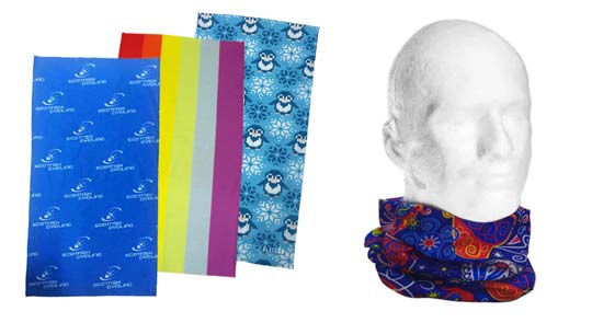 printed neck tubes or custom fitted headwear